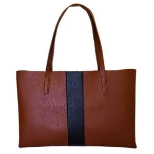 VINCE CAMUTO Tumbled Brown Black Stripe Vegan Leather File Briefcase Tote Bag